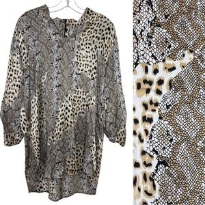 CAROLINE ROSE Vintage 100% Silk Long Tunic Blouse Top Shirt Leopard Snakeskin L